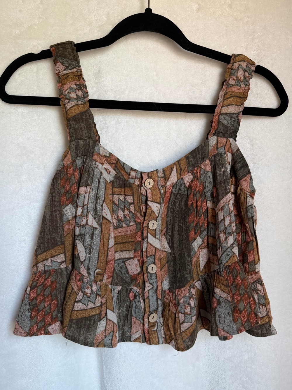 Patterned Button-Front Peplum Tank Top